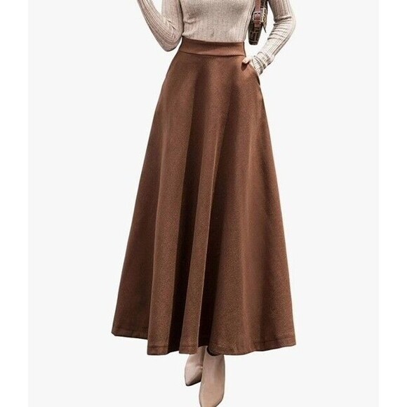 Women's A-Line Swing Long Maxi Wool Skirt Brown High WaistSoft Flowing Fabric